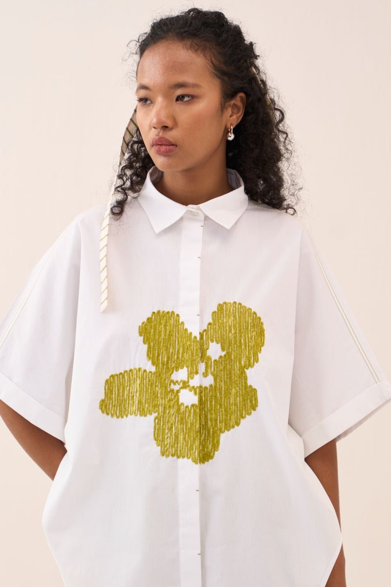U-Hem Floral Emb. Shirt poplin by THREE in white color for women Worldwide