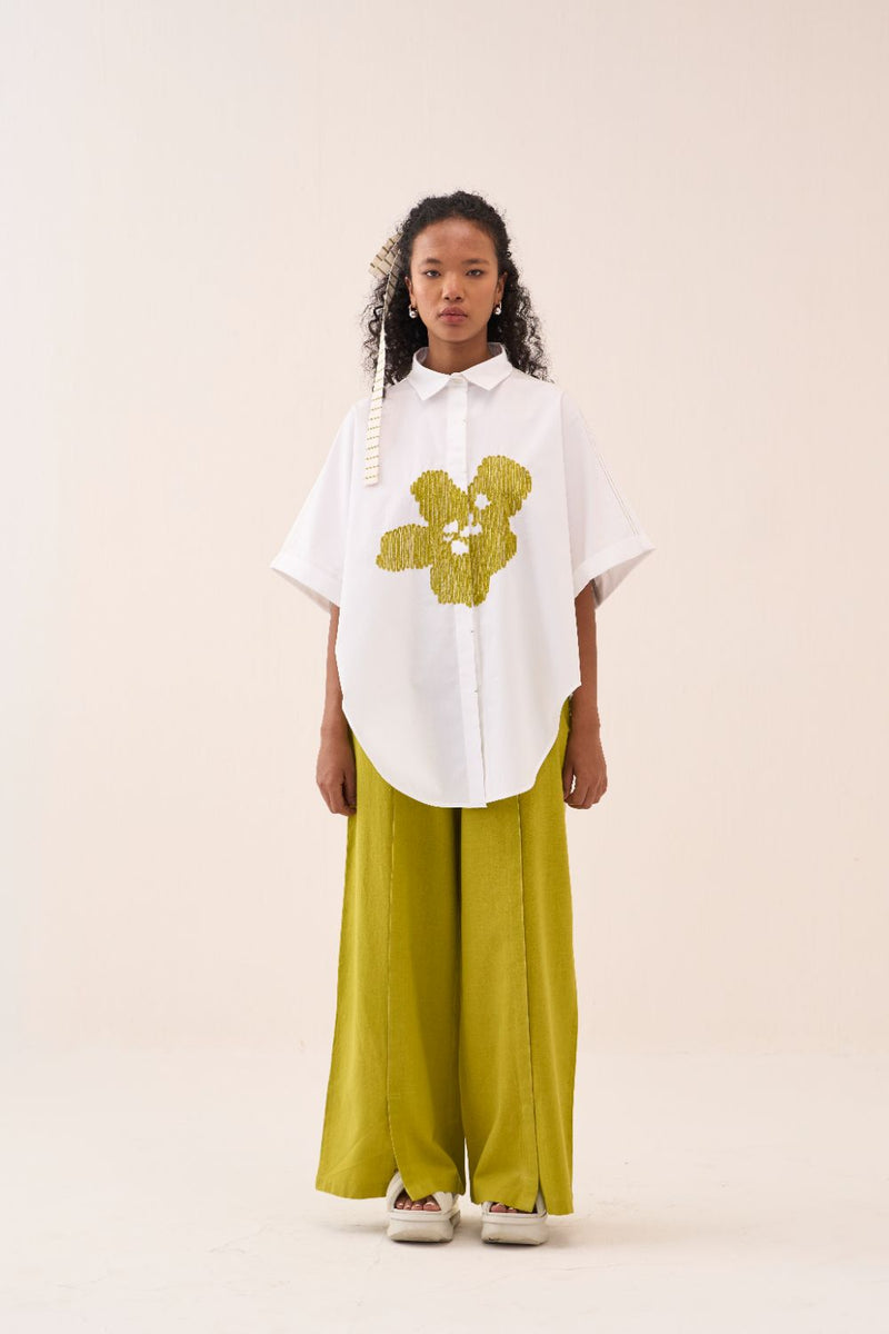 U-Hem Floral Emb. Shirt poplin by THREE in white color for women Worldwide