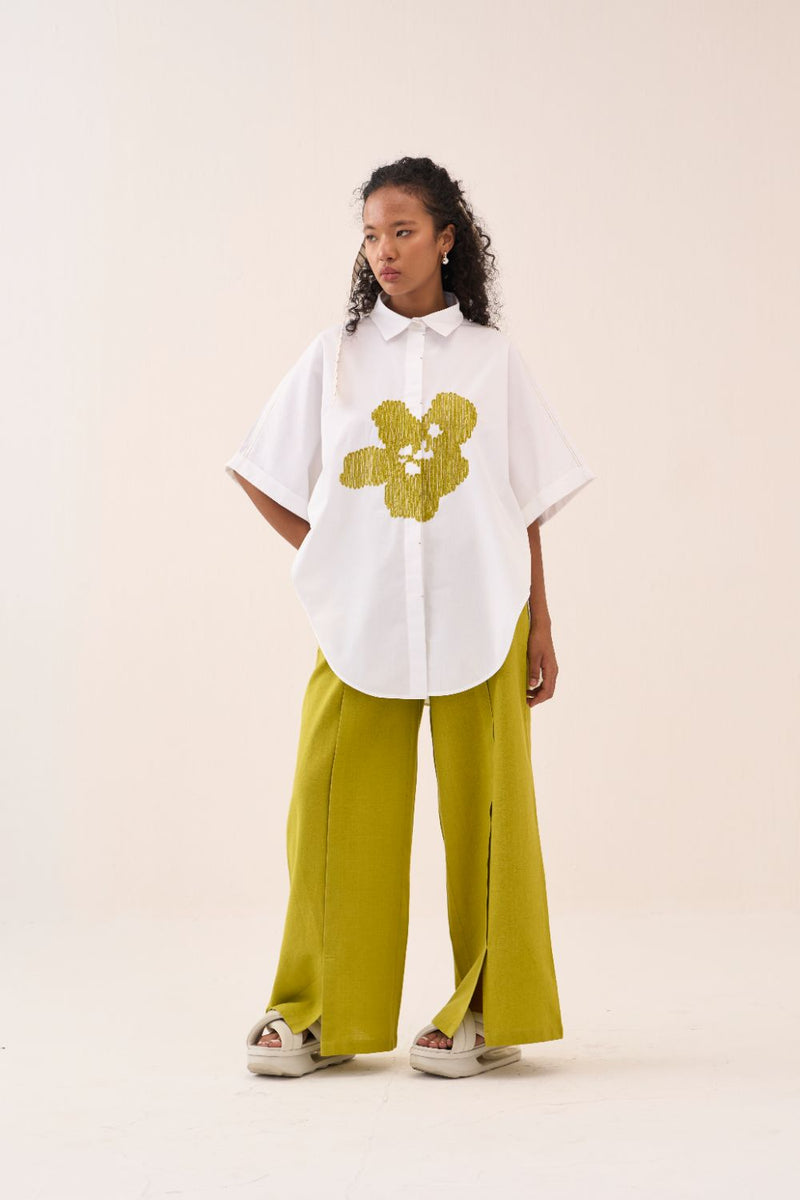 U-Hem Floral Emb. Shirt poplin by THREE in white color for women Worldwide