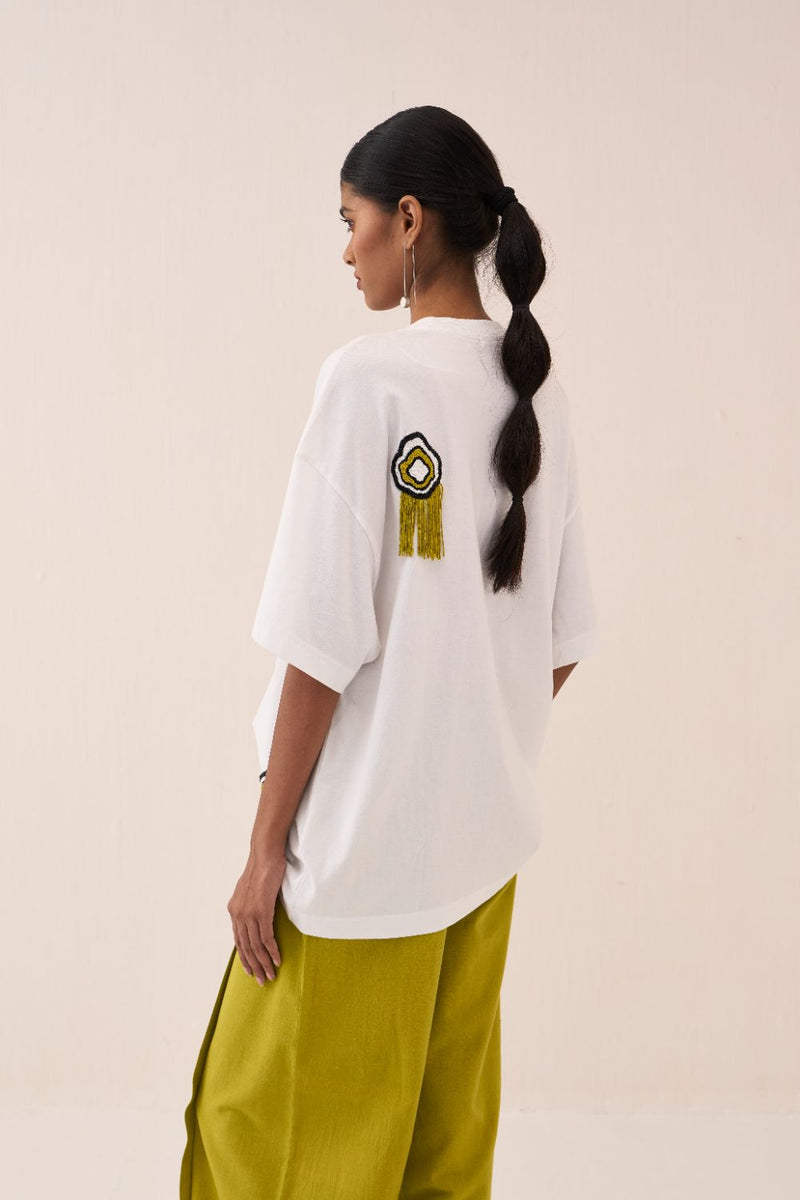 White Beaded Tshirt cotton by THREE in white color for women Worldwide