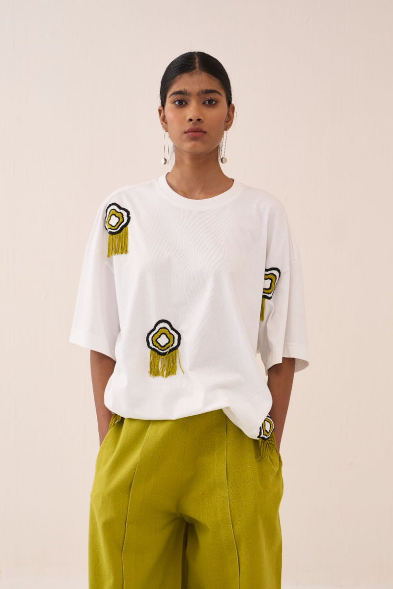White Beaded Tshirt cotton by THREE in white color for women Worldwide