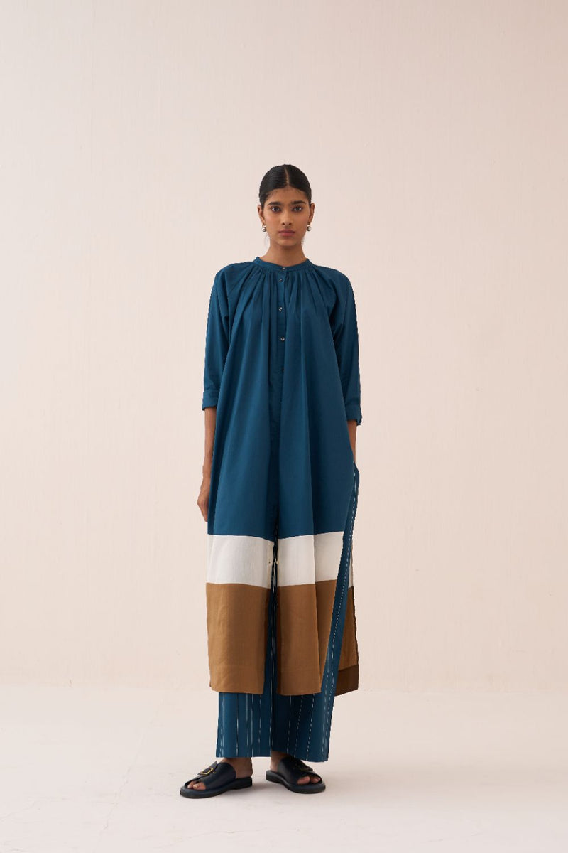 Panel Gather Neck Shirt Co-Ord - Teal (Set Of 2) poplin by THREE in teal color for women Worldwide