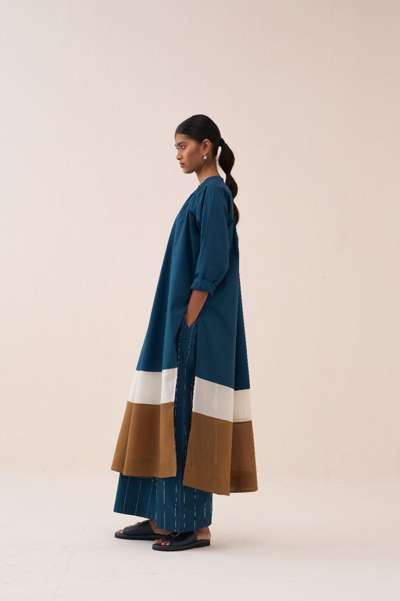 Panel Gather Neck Shirt Co-Ord - Teal (Set Of 2) poplin by THREE in teal color for women Worldwide