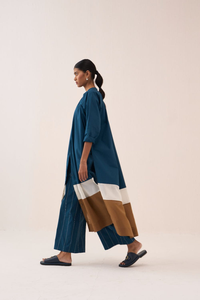 Panel Gather Neck Shirt Co-Ord - Teal (Set Of 2) poplin by THREE in teal color for women Worldwide