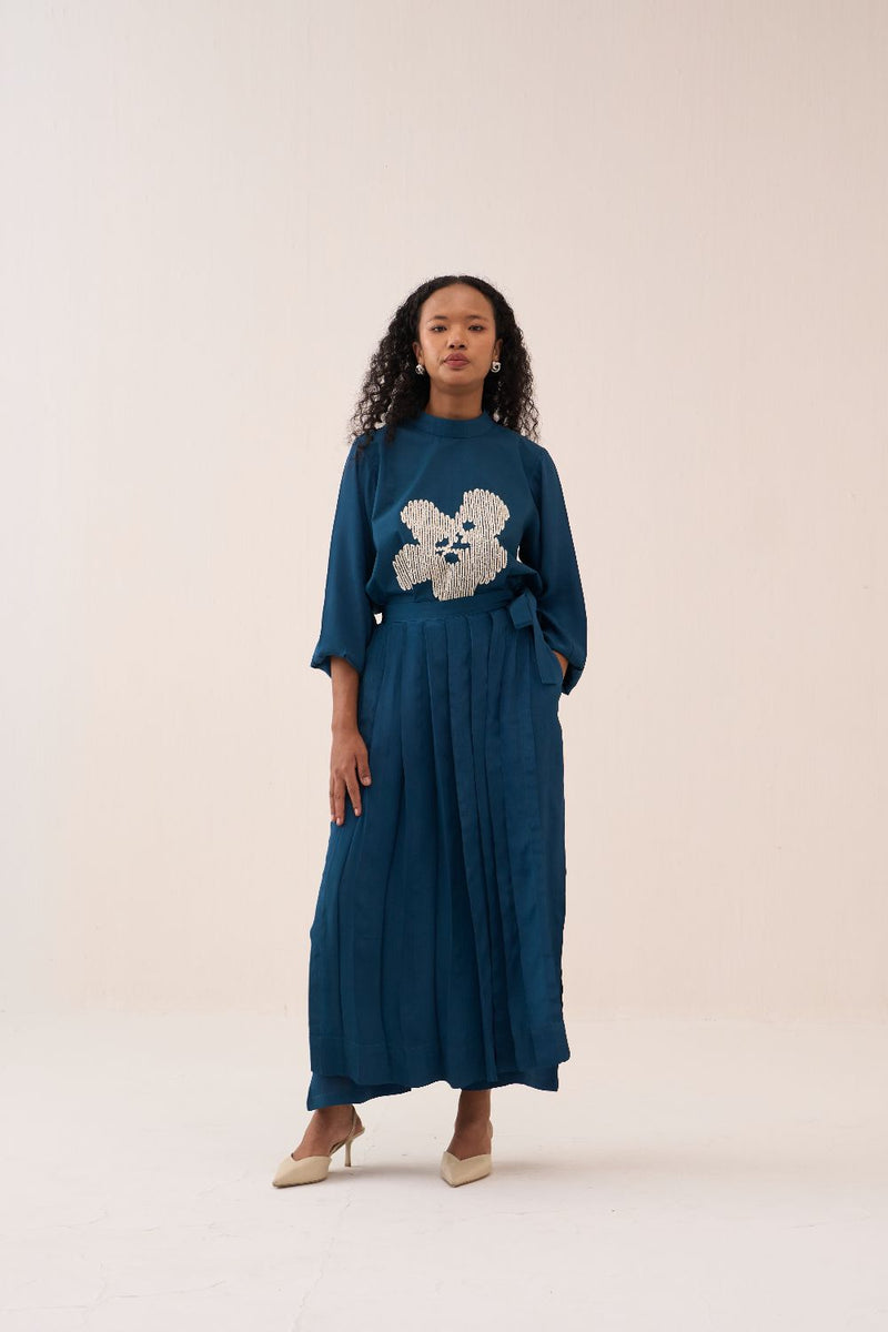 Floral Emb. Top Co-Ord (Set Of 2) poplin by THREE in teal color for women Worldwide