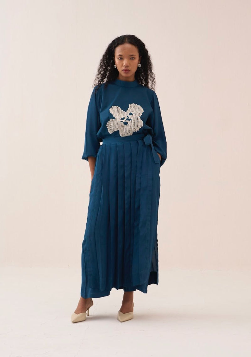 Floral Emb. Top Co-Ord (Set Of 2) poplin by THREE in teal color for women Worldwide