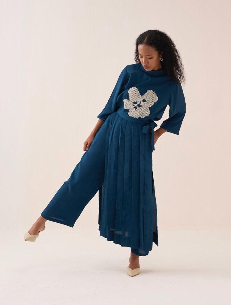 Floral Emb. Top Co-Ord (Set Of 2) poplin by THREE in teal color for women Worldwide
