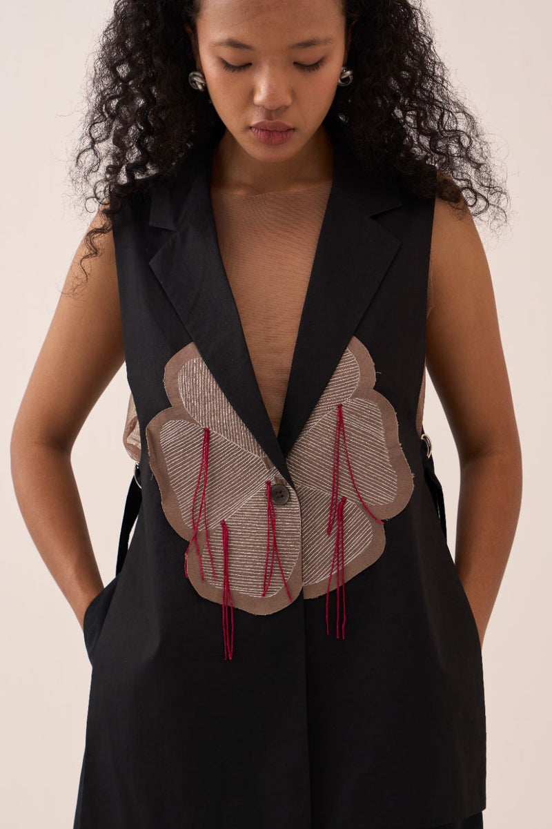 Floral Applique Waistcoat poplin by THREE in black color for women Worldwide