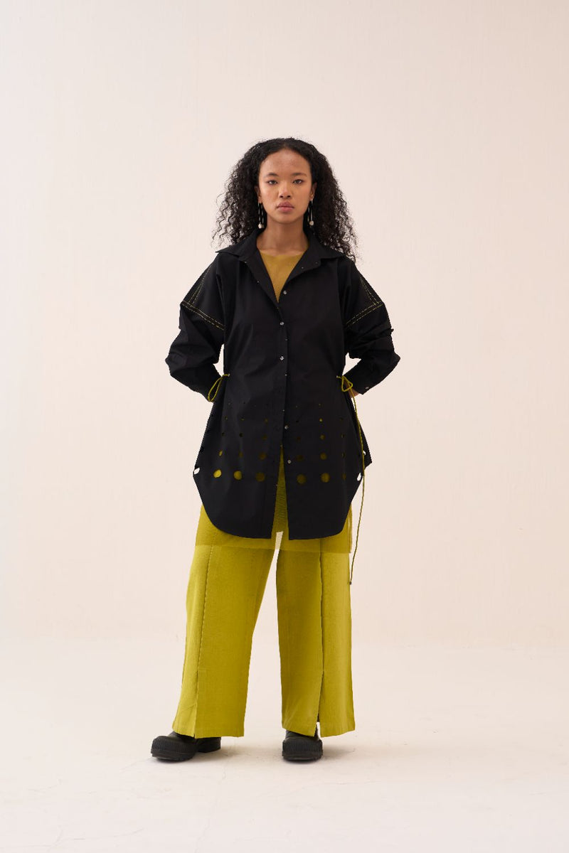 Cutout Drawstring Shirt Co-Ord (Net Slip Incuded) (Set Of 2) poplin by THREE in black color for women Worldwide