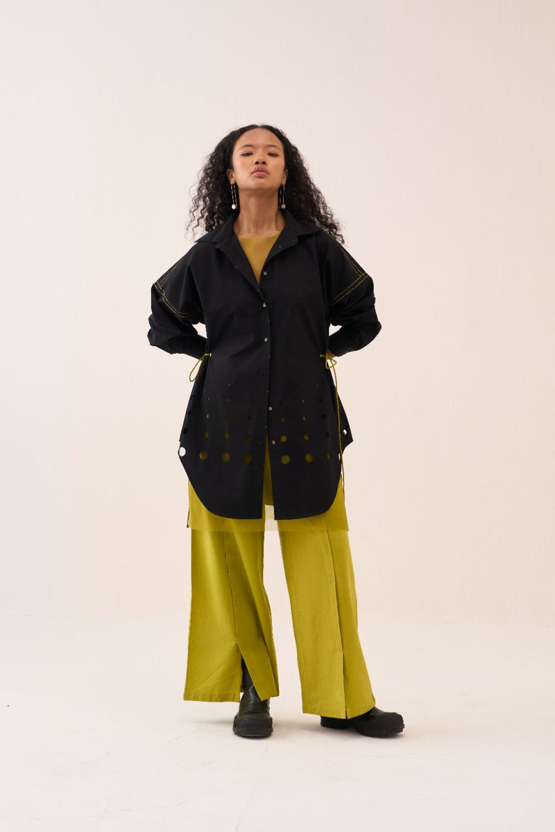 Cutout Drawstring Shirt Co-Ord (Net Slip Incuded) (Set Of 2) poplin by THREE in black color for women Worldwide