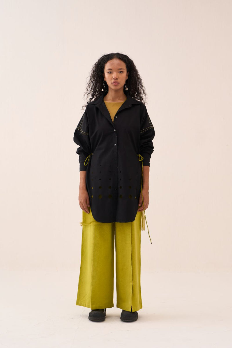 Cutout Drawstring Shirt Co-Ord (Net Slip Incuded) (Set Of 2) poplin by THREE in black color for women Worldwide