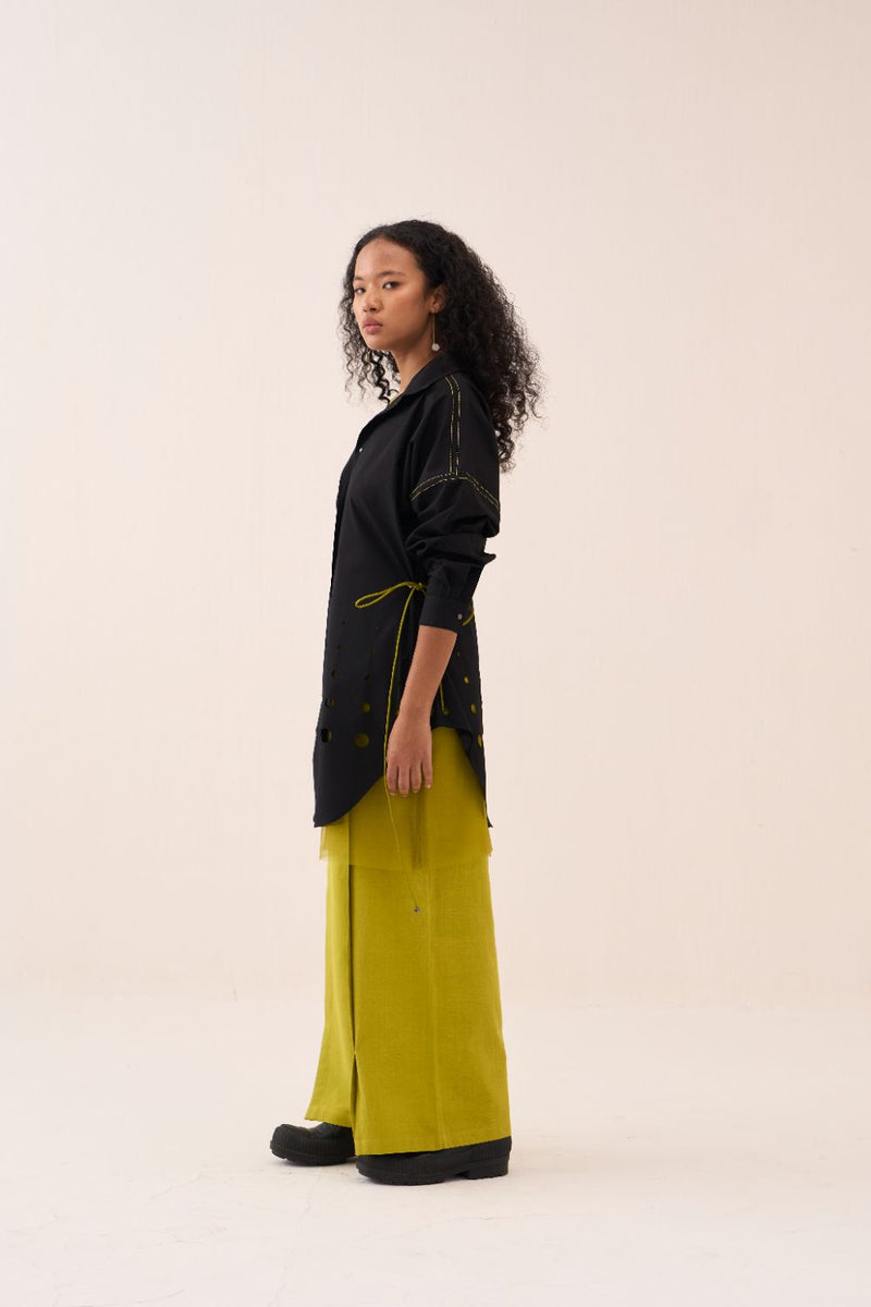 Cutout Drawstring Shirt Co-Ord (Net Slip Incuded) (Set Of 2) poplin by THREE in black color for women Worldwide