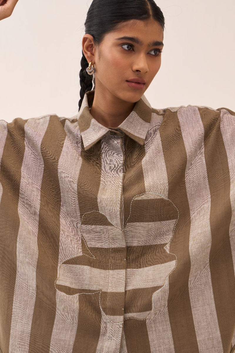 Floral Stripe Applique U-Hem Shirt cotton by THREE for women Worldwide