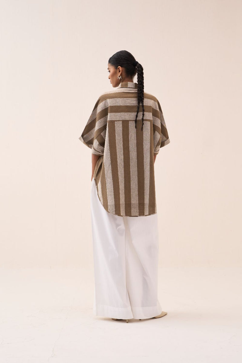 Floral Stripe Applique U-Hem Shirt cotton by THREE for women Worldwide