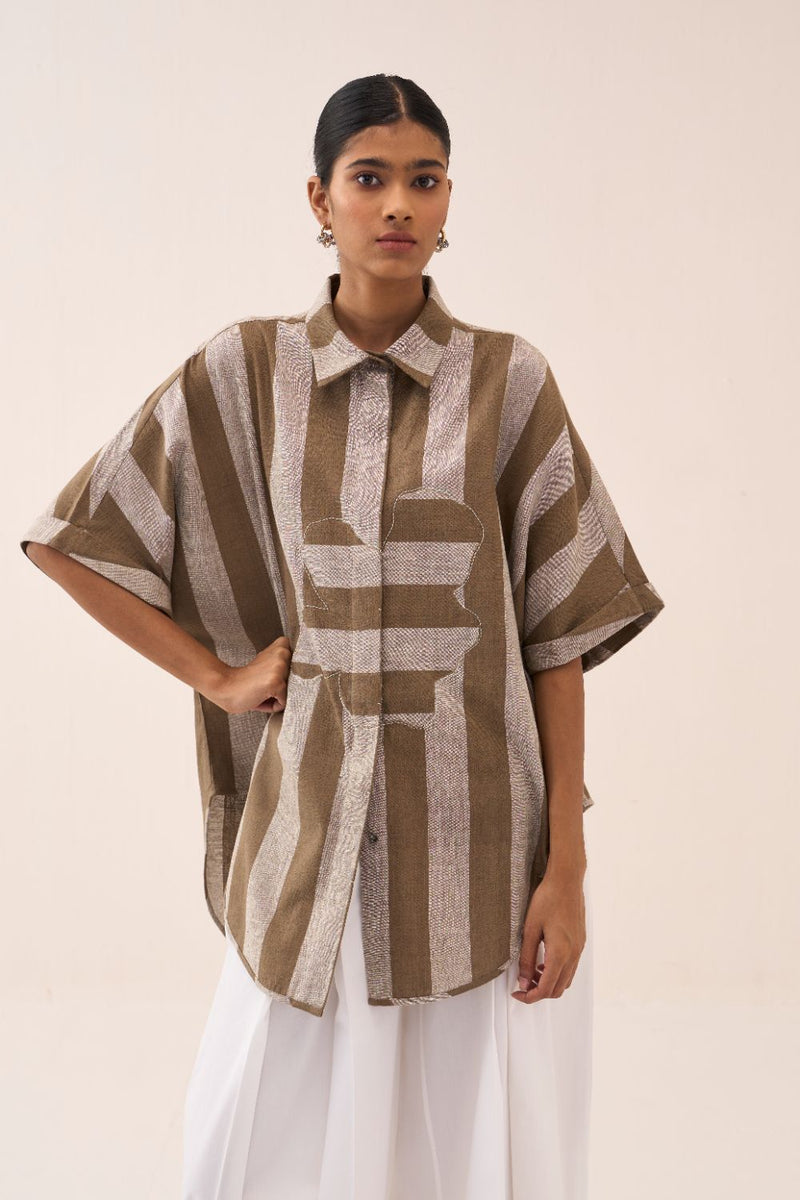 Floral Stripe Applique U-Hem Shirt cotton by THREE for women Worldwide