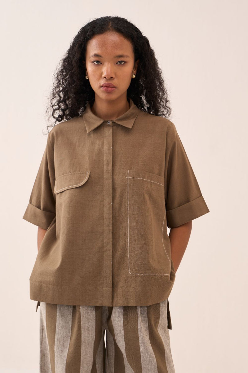 Back Drawstring Flower Shirt cotton by THREE for women Worldwide