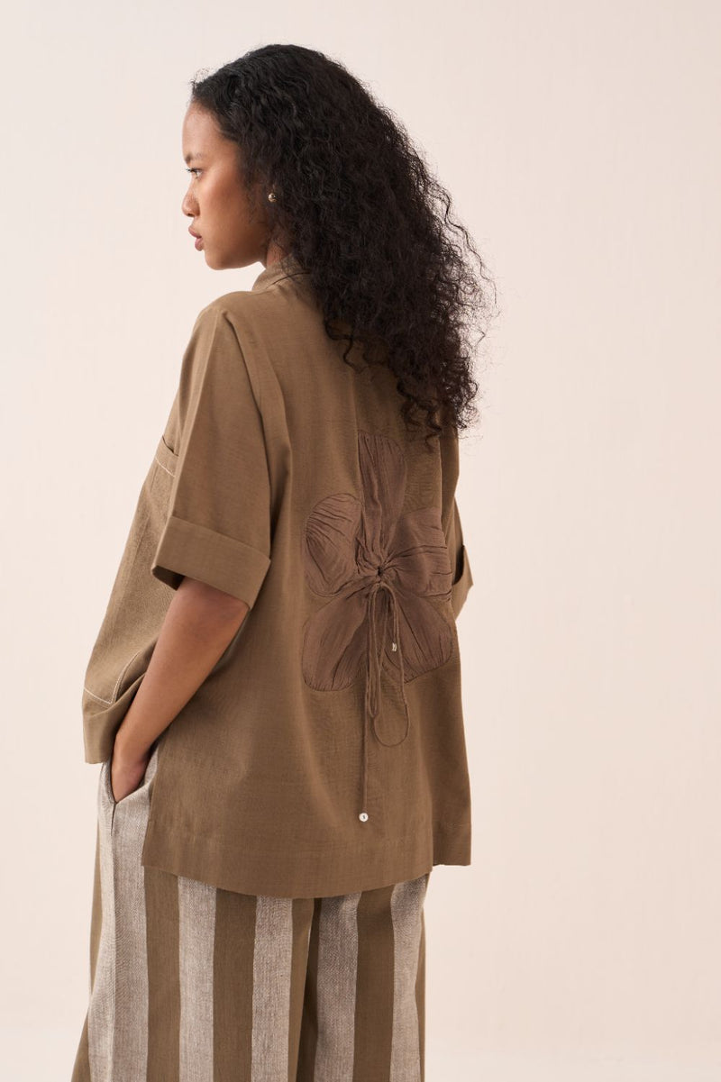 Back Drawstring Flower Shirt cotton by THREE for women Worldwide