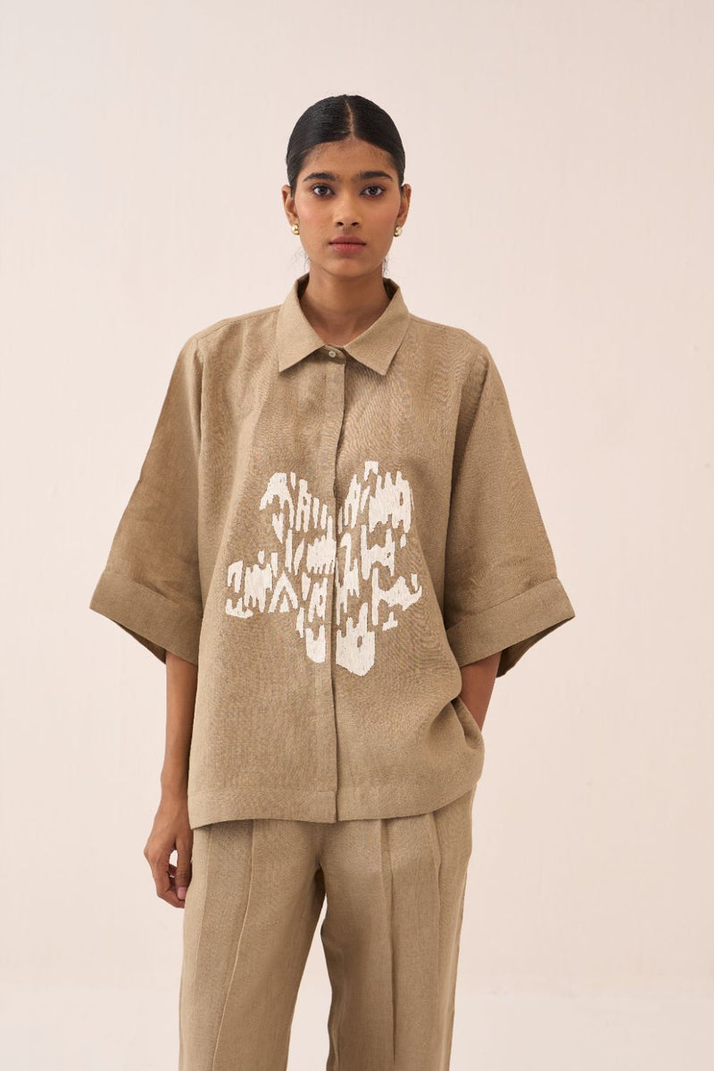Floral Emb. Boxy Shirt by THREE in sand color for women Worldwide