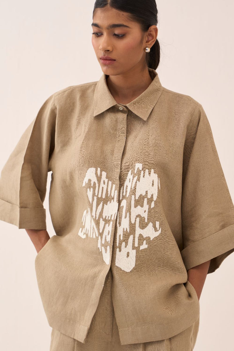 Floral Emb. Boxy Shirt by THREE in sand color for women Worldwide