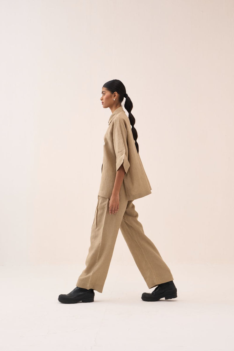 Floral Emb. Boxy Shirt by THREE in sand color for women Worldwide