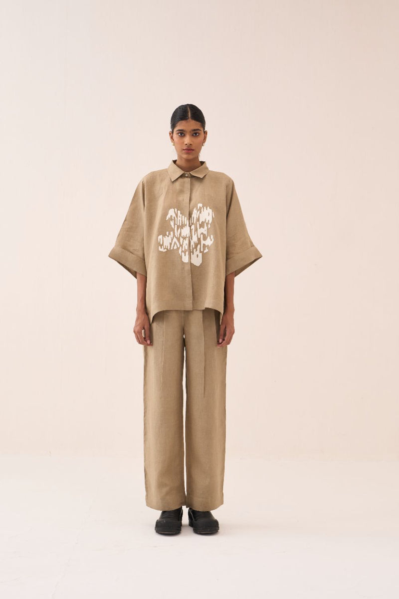 Floral Emb. Boxy Shirt by THREE in sand color for women Worldwide