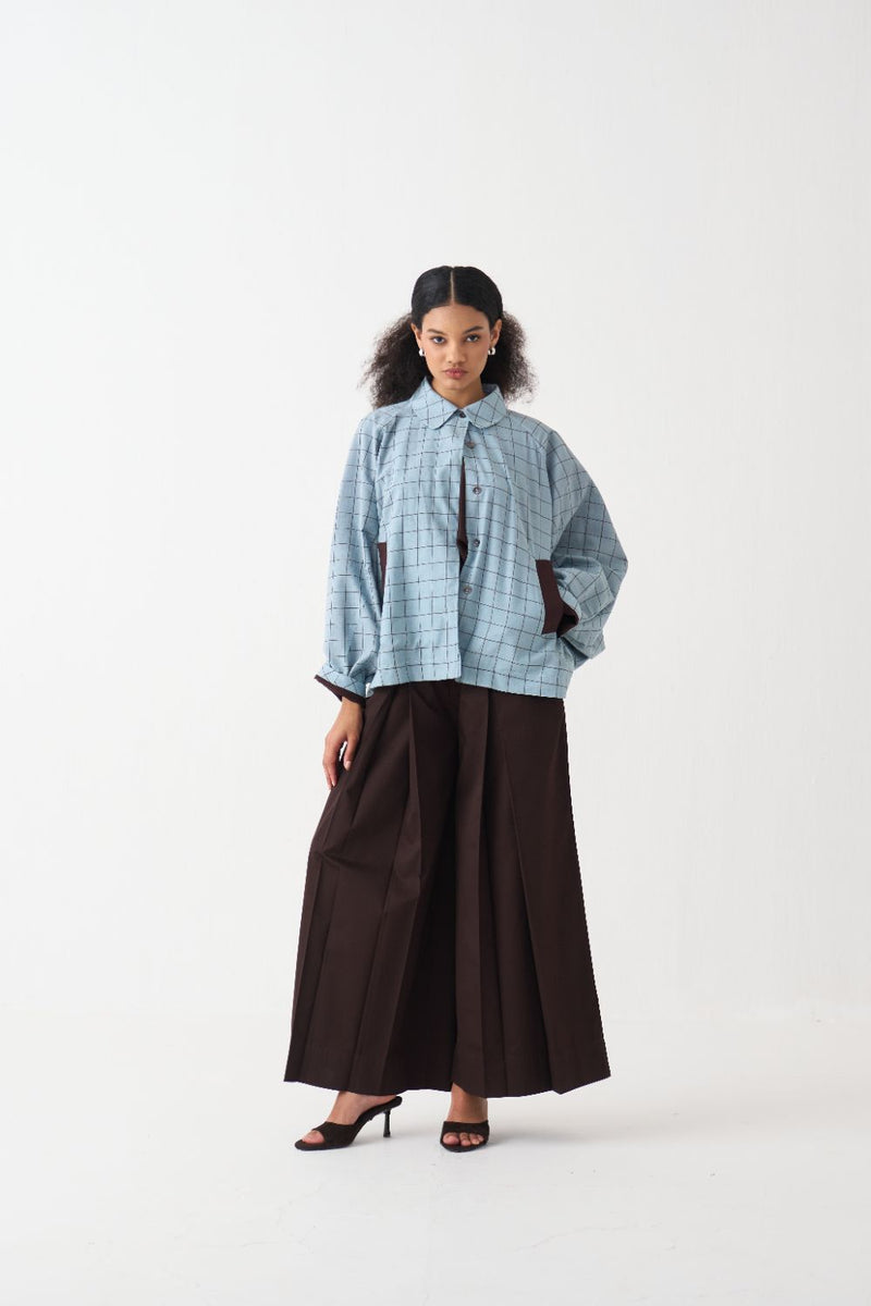 Bat Sleeve Jacket Co-Ord - Powder Blue Check (Set Of 2) cotton by THREE in brown color for women Worldwide