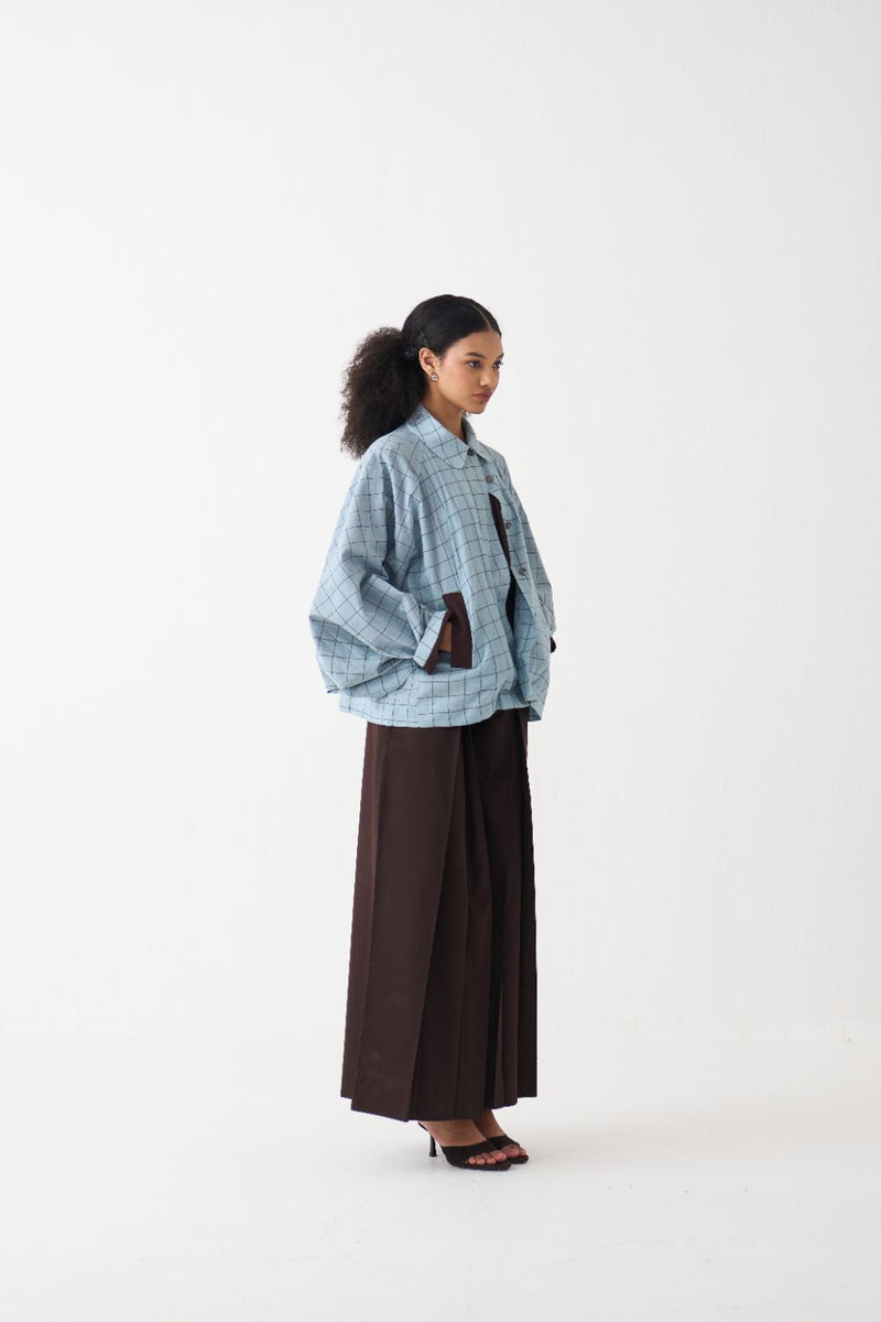Bat Sleeve Jacket Co-Ord - Powder Blue Check (Set Of 2) cotton by THREE in brown color for women Worldwide