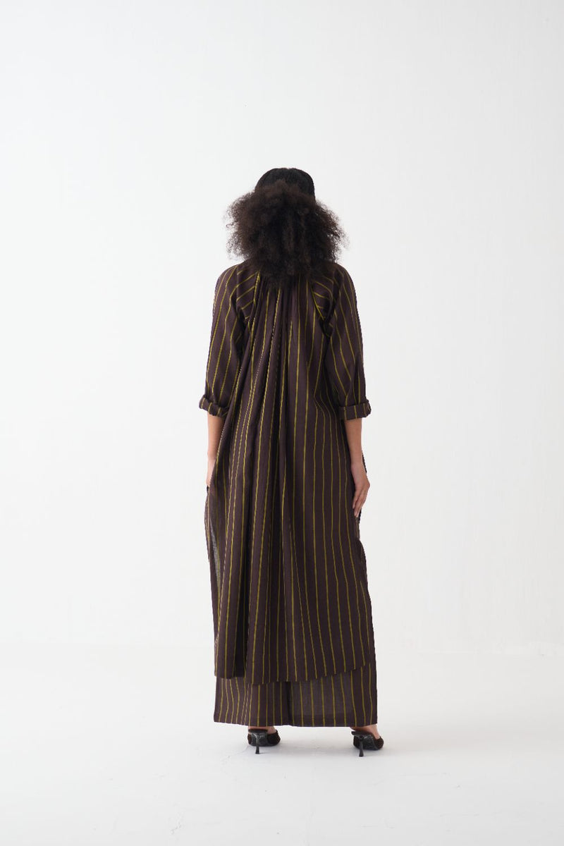 Gather Neck Shirt Co-Ord - Lime & Dark Brown Stripe (Set Of 2) cotton by THREE in brown color for women Worldwide