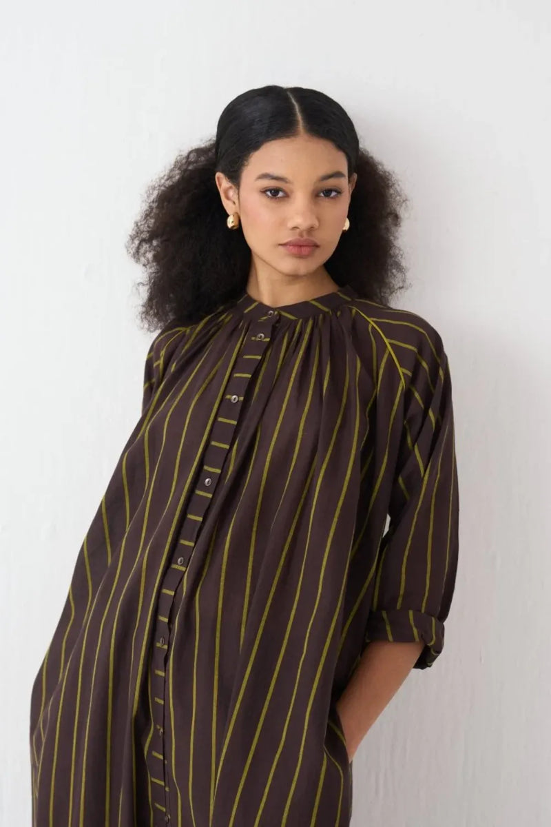 Gather Neck Shirt Co-Ord - Lime & Dark Brown Stripe (Set Of 2) cotton by THREE in brown color for women Worldwide