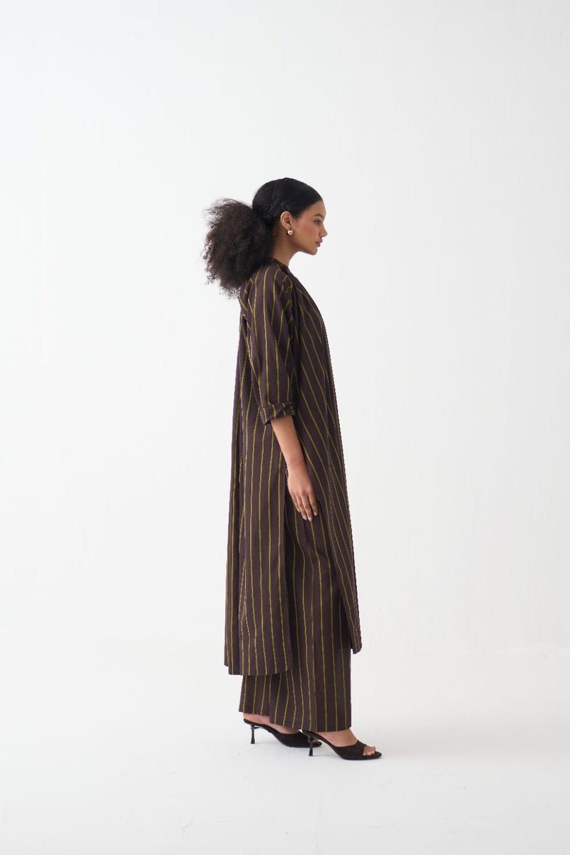 Gather Neck Shirt Co-Ord - Lime & Dark Brown Stripe (Set Of 2) cotton by THREE in brown color for women Worldwide