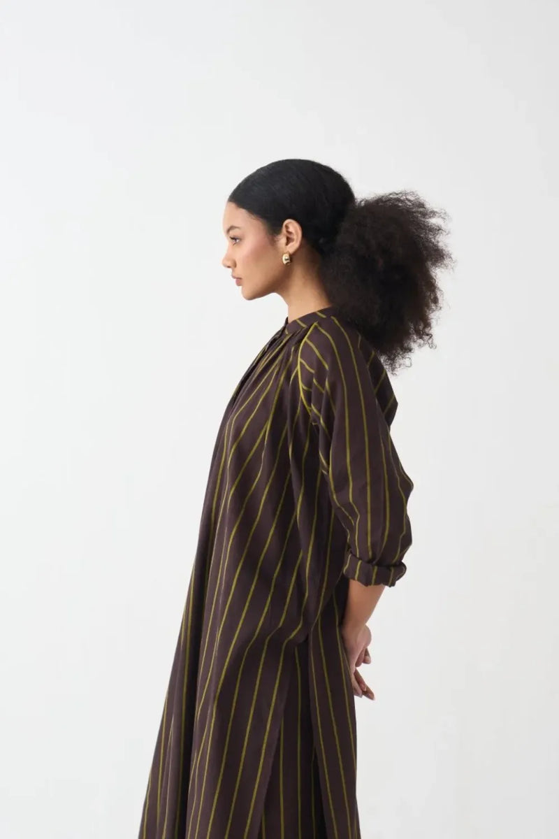Gather Neck Shirt Co-Ord - Lime & Dark Brown Stripe (Set Of 2) cotton by THREE in brown color for women Worldwide