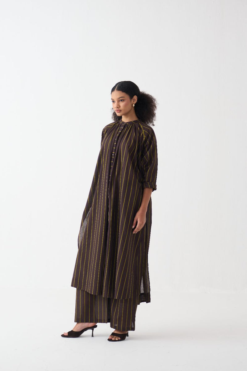 Gather Neck Shirt Co-Ord - Lime & Dark Brown Stripe (Set Of 2) cotton by THREE in brown color for women Worldwide