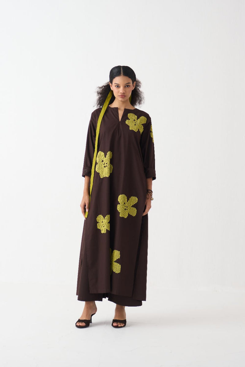 Floral Emb. Back Pleat Tunic Co-Ord (Set Of 2) poplin by THREE in brown color for women Worldwide