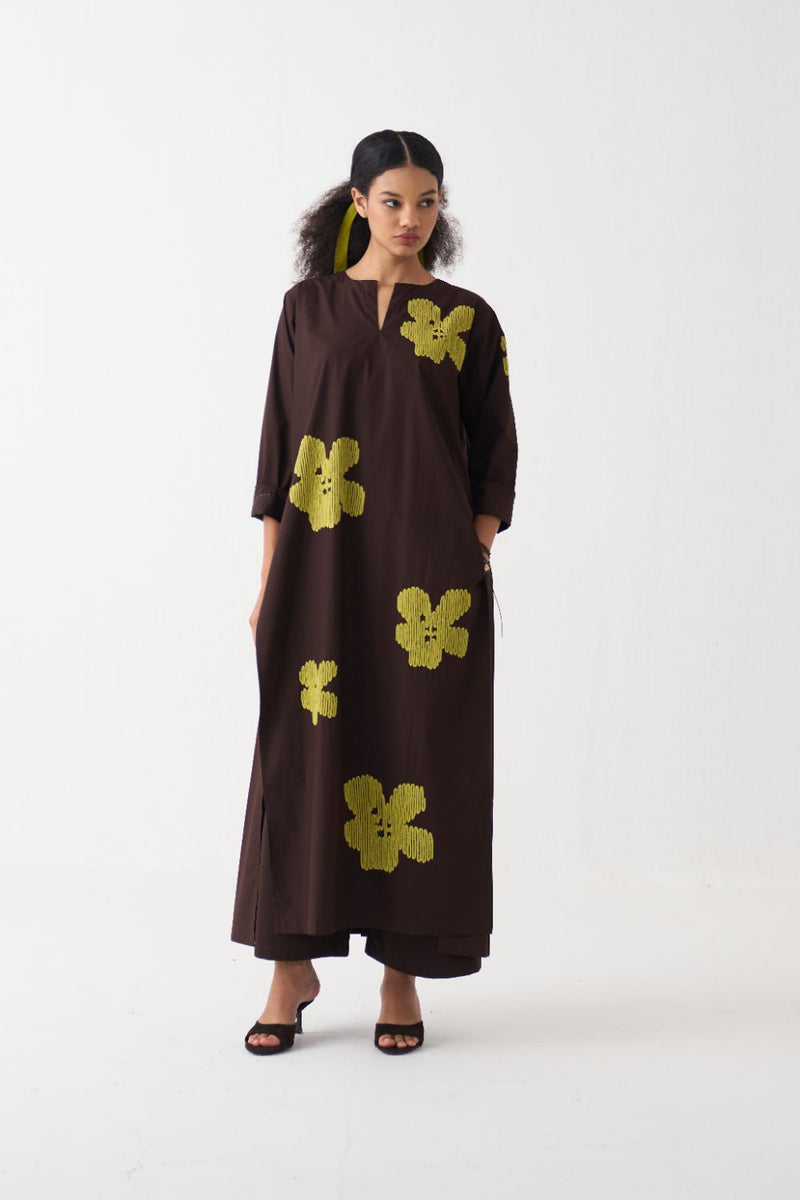Floral Emb. Back Pleat Tunic Co-Ord (Set Of 2) poplin by THREE in brown color for women Worldwide