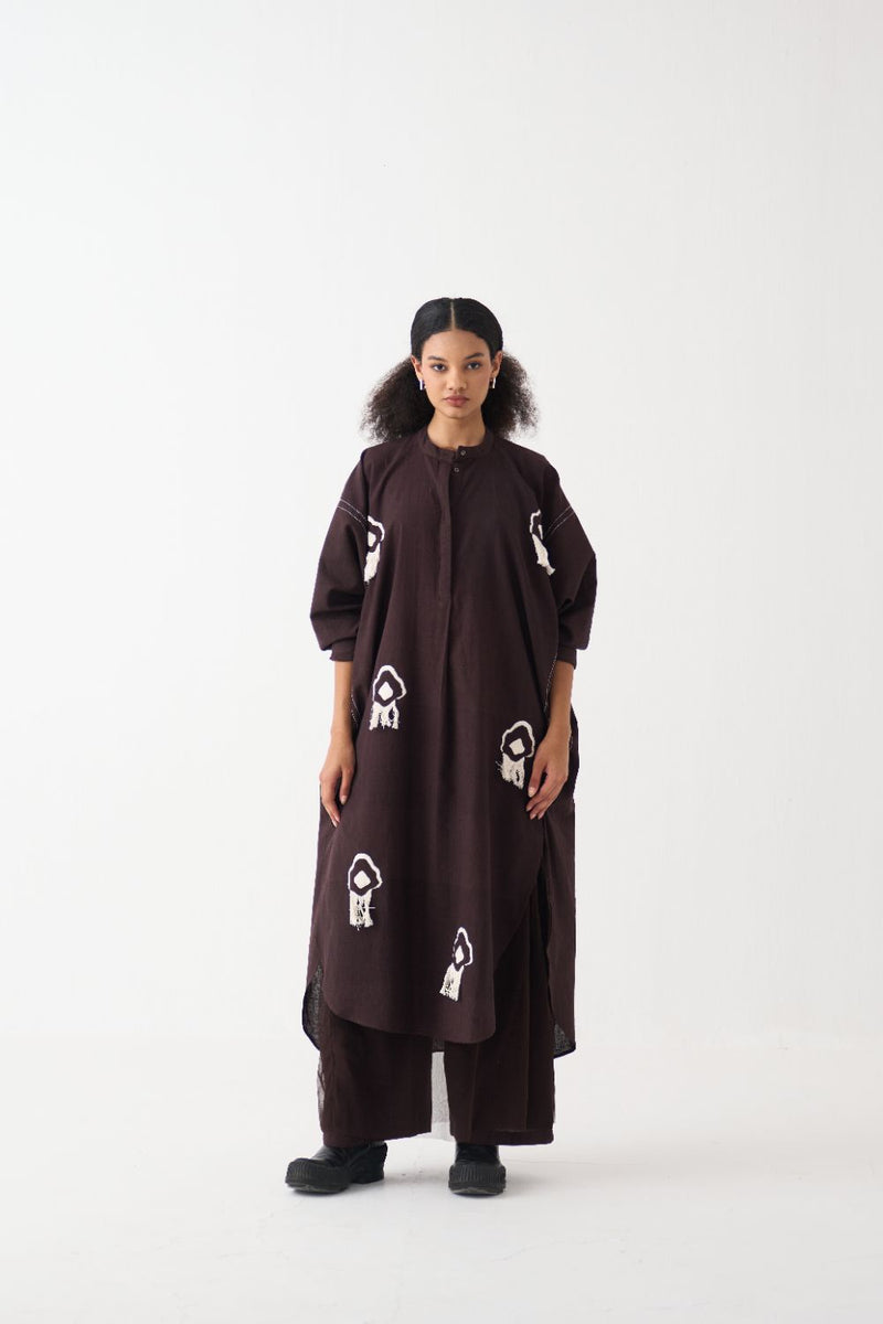 Fringe Bat Sleeve Shirt Co-Ord - Dark Brown (Set Of 2) cotton by THREE in brown color for women Worldwide