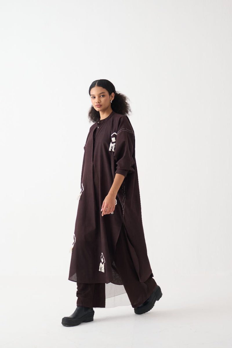 Fringe Bat Sleeve Shirt Co-Ord - Dark Brown (Set Of 2) cotton by THREE in brown color for women Worldwide