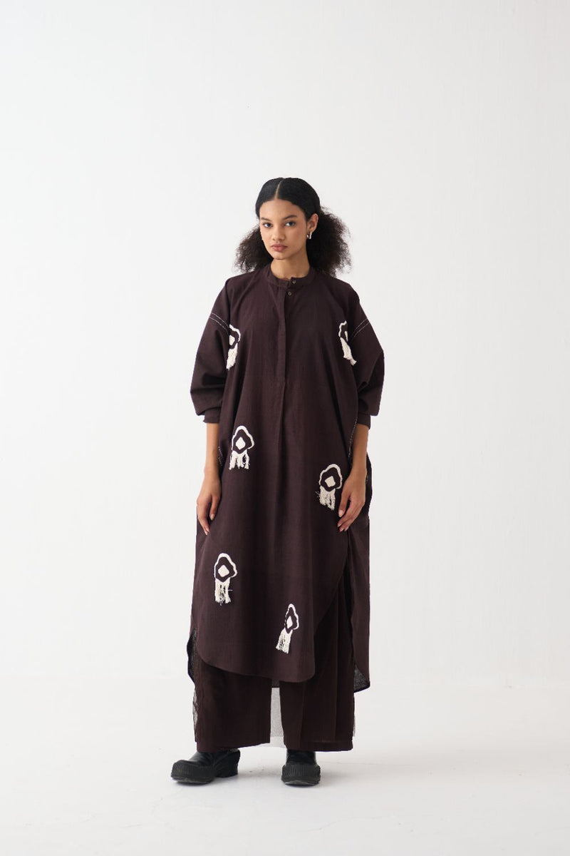 Fringe Bat Sleeve Shirt Co-Ord - Dark Brown (Set Of 2) cotton by THREE in brown color for women Worldwide