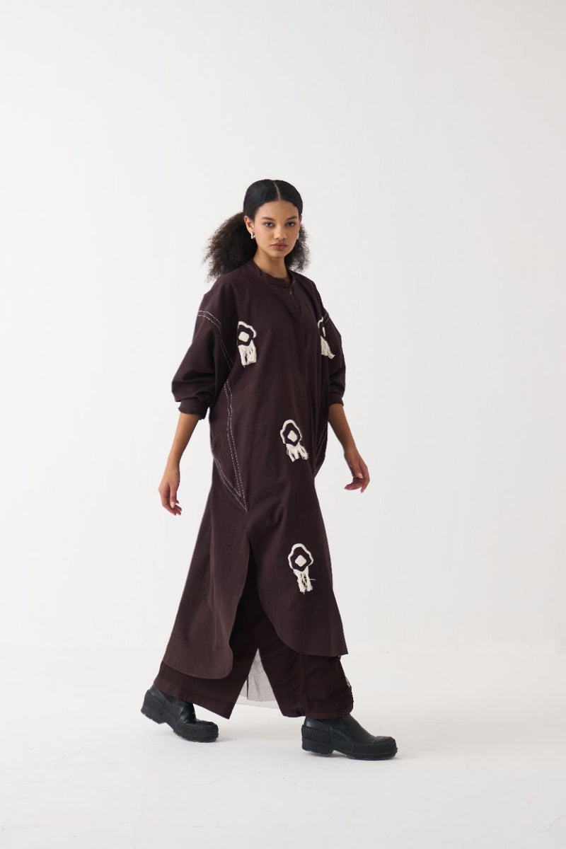 Fringe Bat Sleeve Shirt Co-Ord - Dark Brown (Set Of 2) cotton by THREE in brown color for women Worldwide