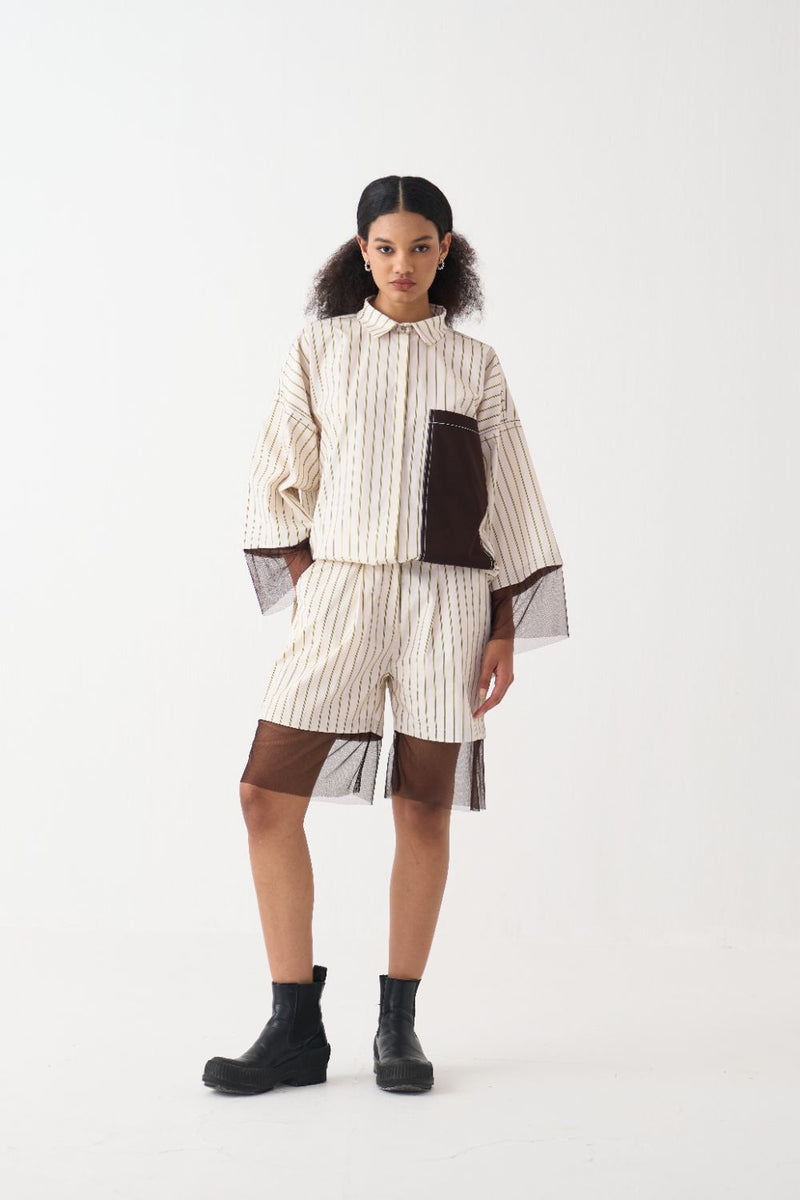 Contrast Detail Shirt poplin by THREE in beige color for women Worldwide