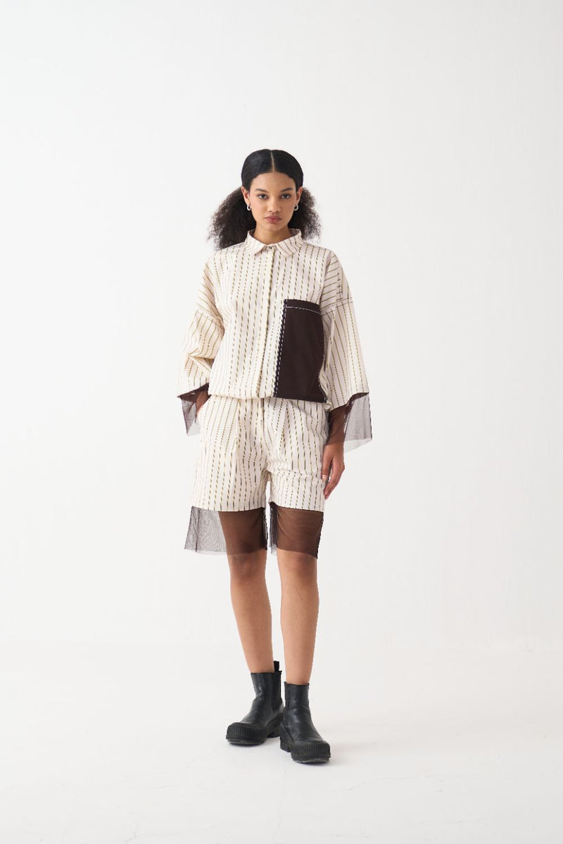 Contrast Detail Shirt poplin by THREE in beige color for women Worldwide