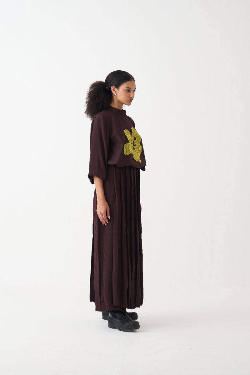 Floral Emb. Top Co-Ord - Dark Brown (Set Of 2) poplin by THREE in brown color for women Worldwide