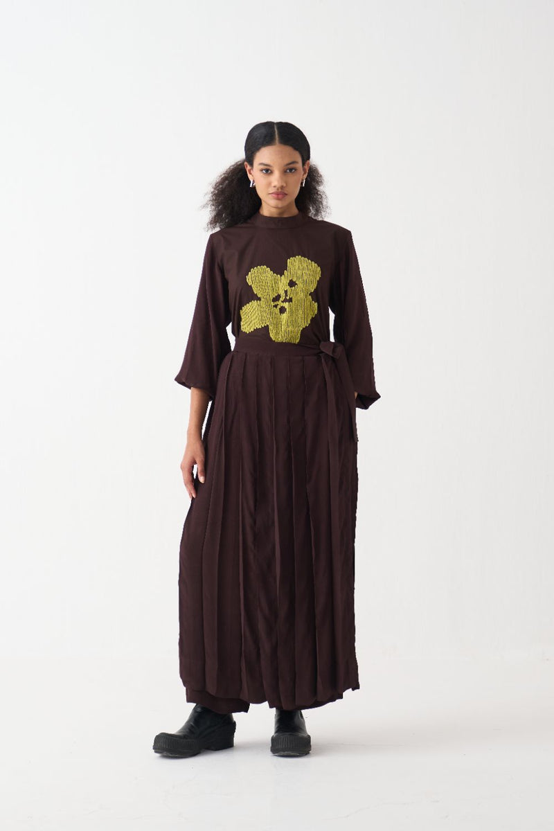Floral Emb. Top Co-Ord - Dark Brown (Set Of 2) poplin by THREE in brown color for women Worldwide
