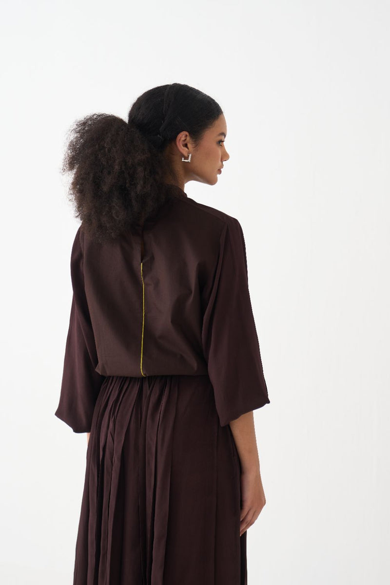 Floral Emb. Top Co-Ord - Dark Brown (Set Of 2) poplin by THREE in brown color for women Worldwide