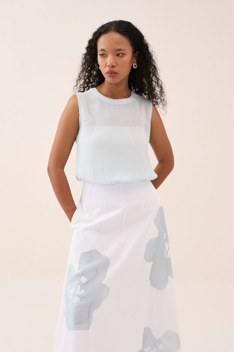 Round Neck Top - Powder Blue silk by THREE in blue color for women Worldwide