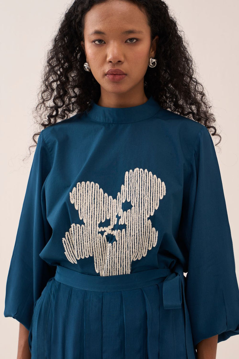 Floral Emb. Top poplin by THREE in teal color for women Worldwide