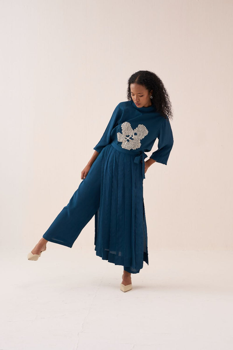 Floral Emb. Top poplin by THREE in teal color for women Worldwide