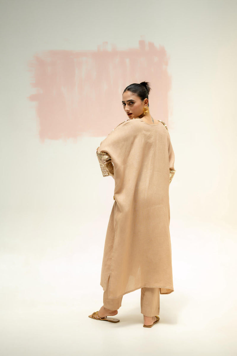 Chamakeen Antifit Linen Kurta with Pants-Camel linen by PRAHNAAYA in beige color for women Worldwide