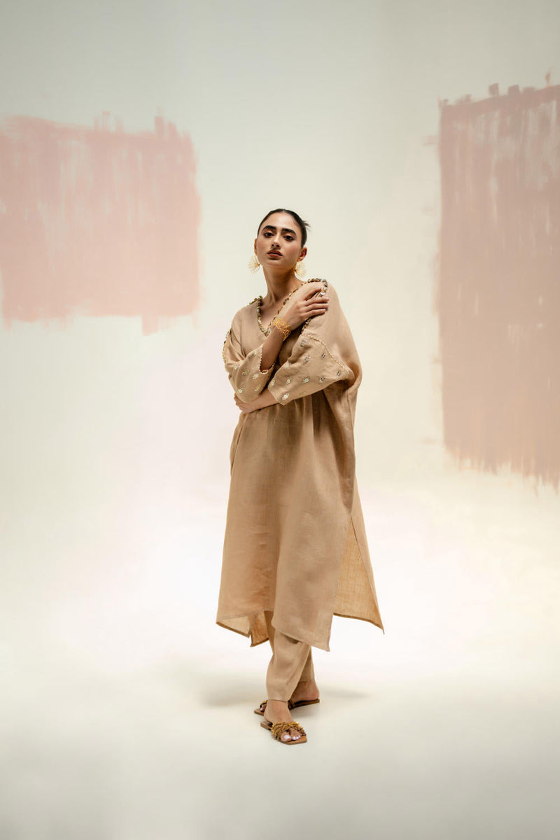 Star Antifit Linen Kurta with Pants-Camel linen by PRAHNAAYA in beige color for women Worldwide