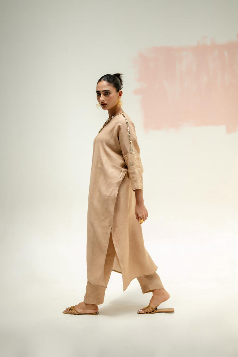 Star Antifit Linen Kurta with Pants-Camel linen by PRAHNAAYA in beige color for women Worldwide