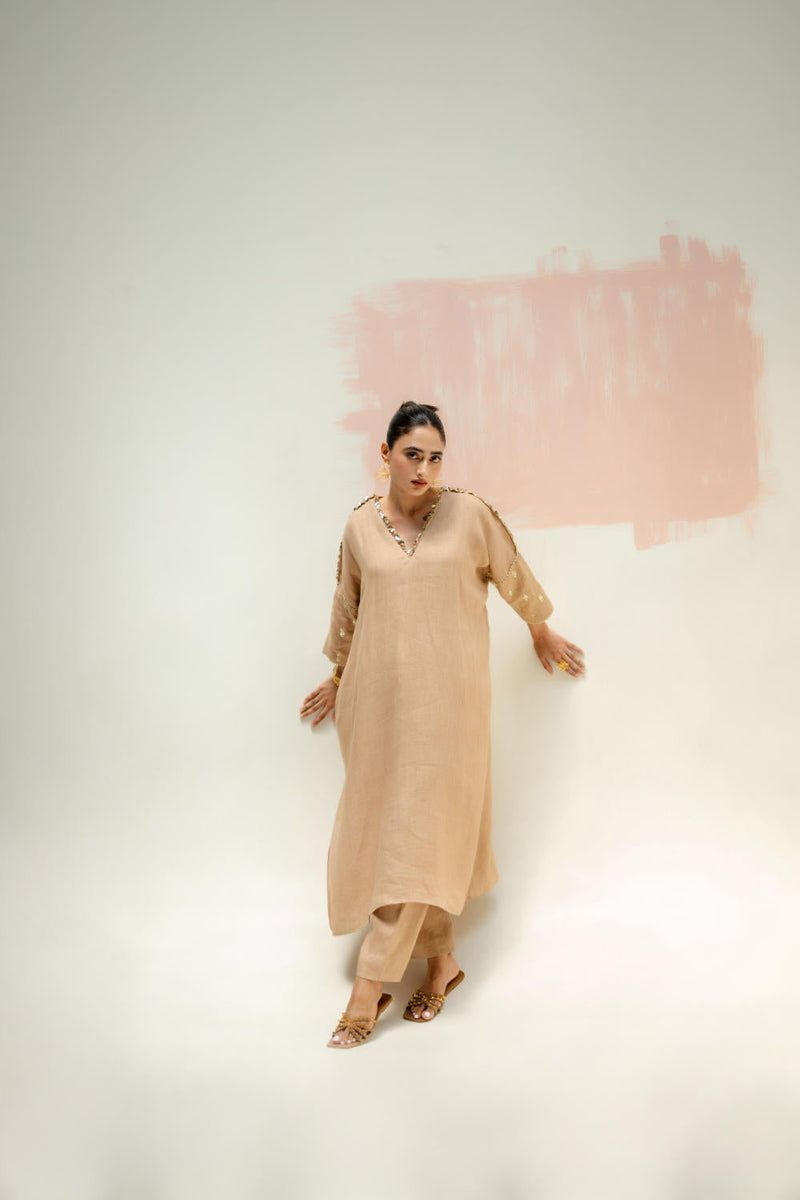 Star Antifit Linen Kurta with Pants-Camel linen by PRAHNAAYA in beige color for women Worldwide